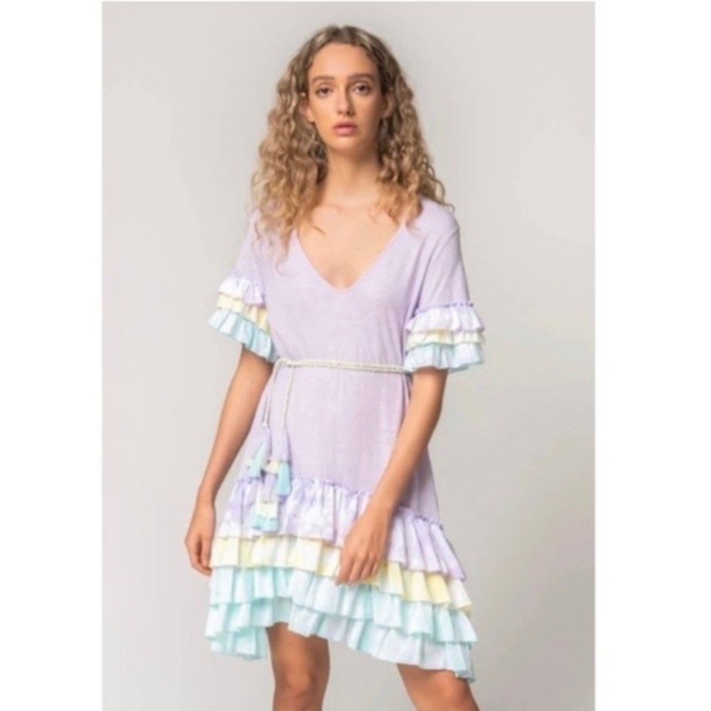 Pitusa Lavender Tiered Ruffle Mini Dress with Pastel Trim ‼️No Belt